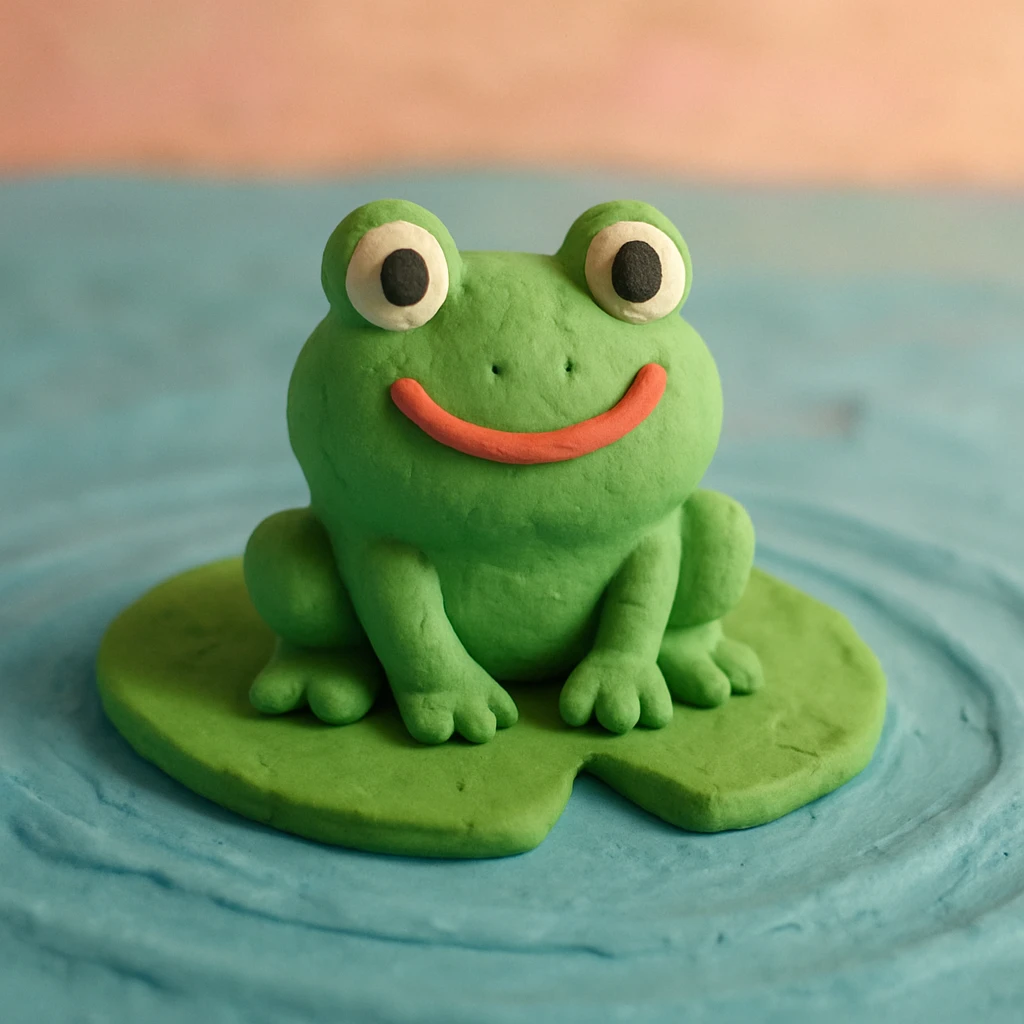 close-up of a smiling frog on a lily pad, gentle ripples in the pond, pastel background, claymation style emoji