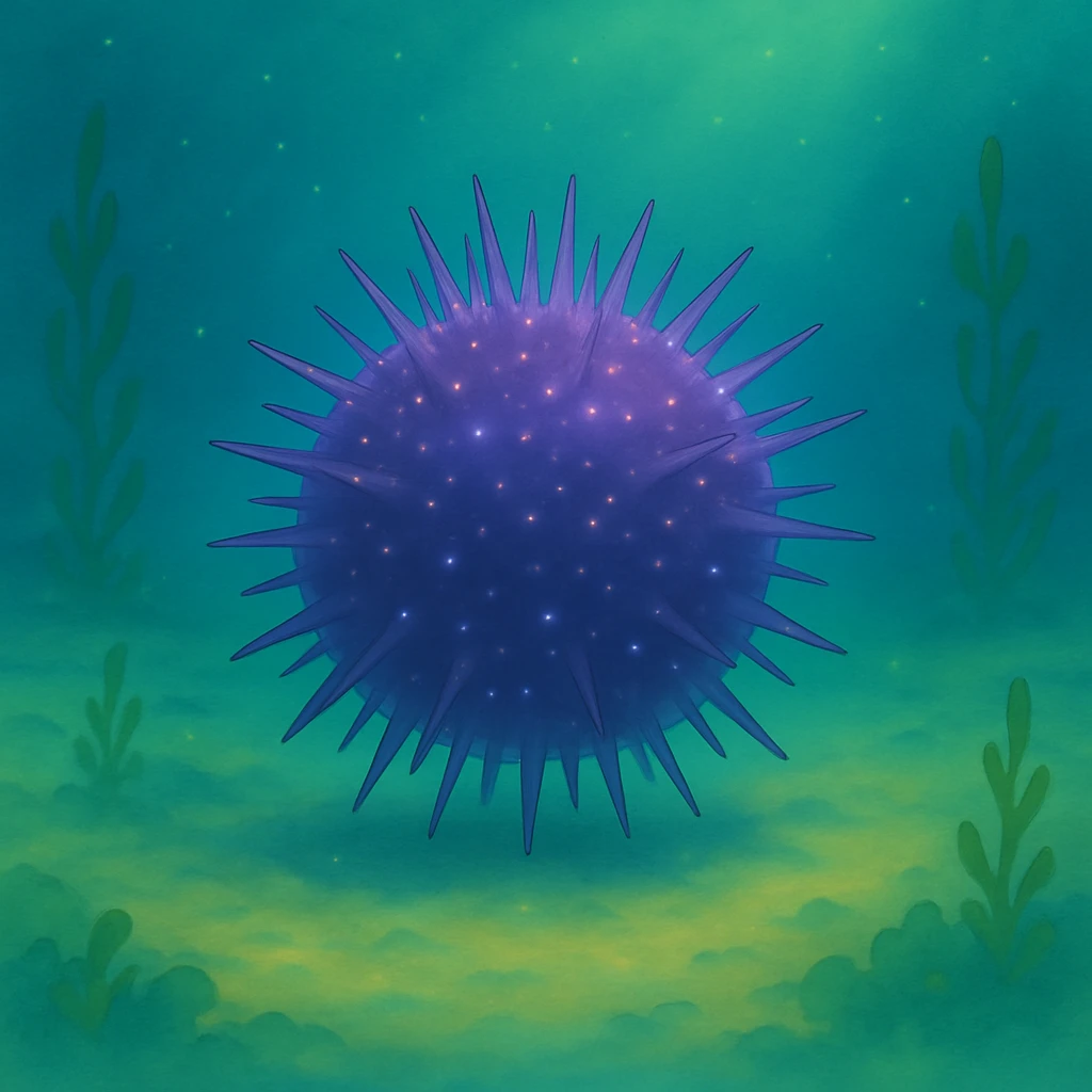 Another sea urchin in Ghibli style, underwater scene, round and spiky, with a soft glow, no text. emoji