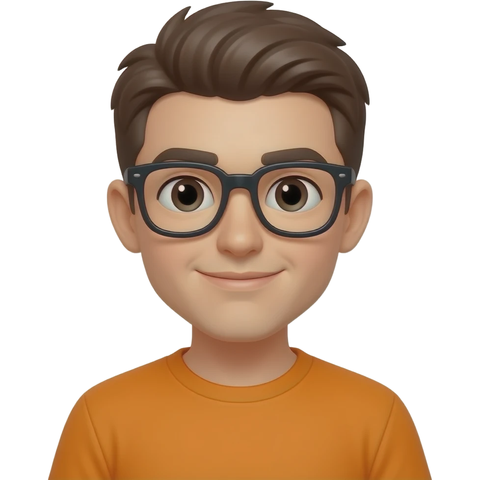 A character wearing thick black-framed glasses, brown hair, orange t-shirt. emoji