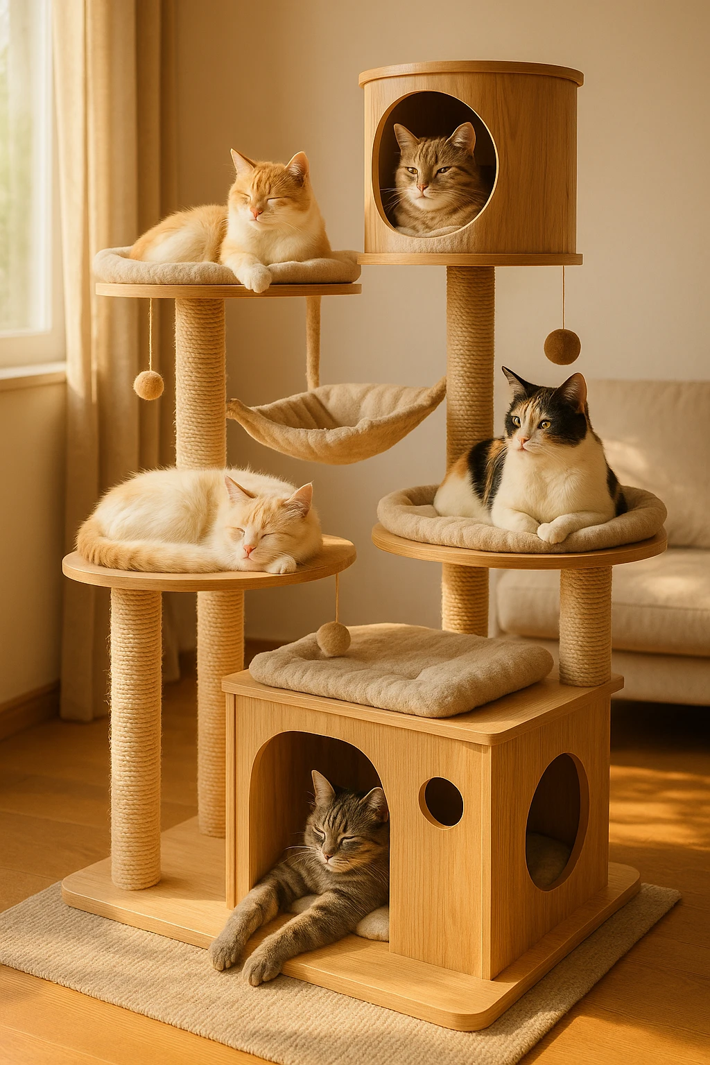 cats relaxing in a vertical playhouse emoji