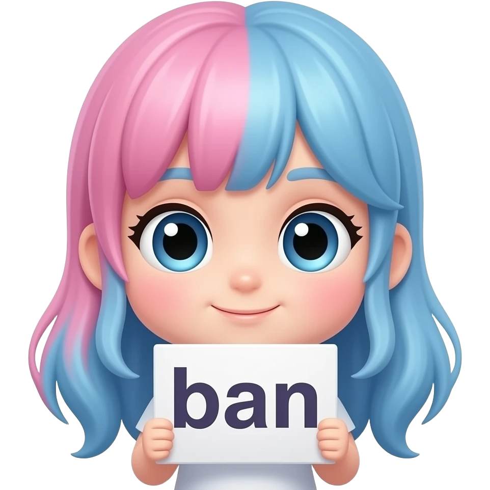 Can you make a chibi girl that has pink and blue hair with a sign that says ban emoji