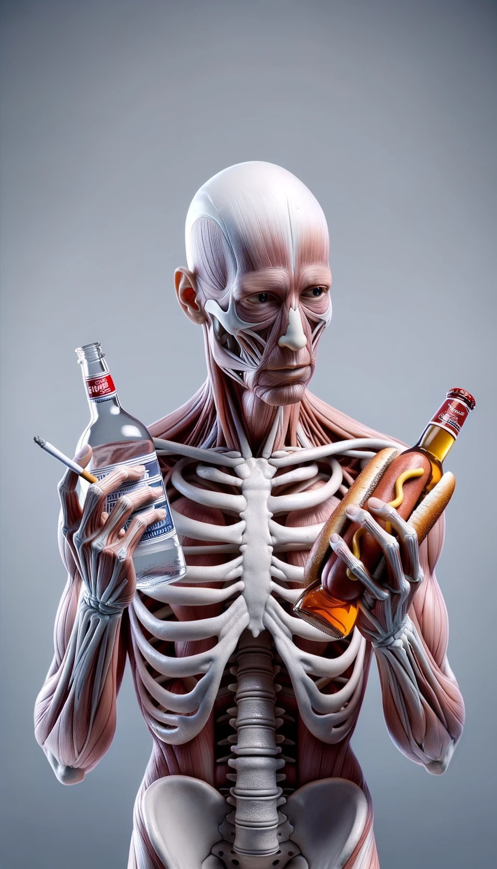 CORPO UMANO ANATOMICO CHE TRA LE BRACCIA SIGARETTE, ALCOL E WURSTEL CONFEZIONATI, LI GUARDA CON ESPRESSIONE INDECISA IN VOLTO, NEUTRAL CLEAR BACKGROUND, iperrealistico 4k emoji