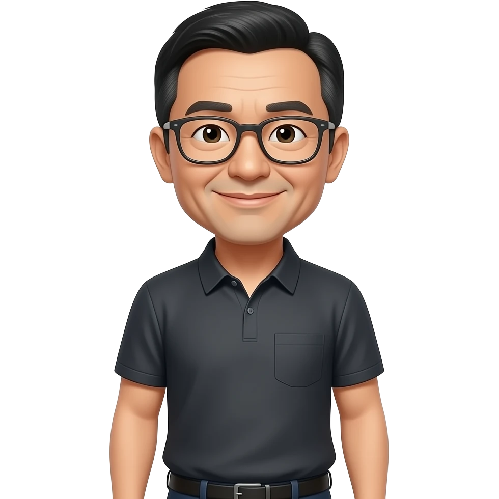 Китаец среднего возраста с очками и ухмылкой во весь рост emoji