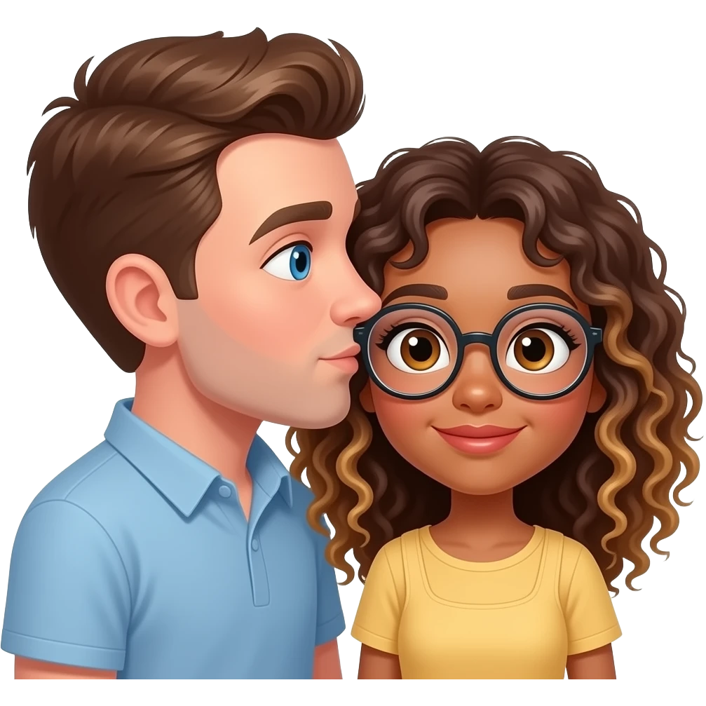 Homme blanc cheveux châtain avec yeux bleu et fille métisse cheveux bouclés marrons et blonds avec des yeux marrons et des lunettes rondes qui s’embrassent emoji