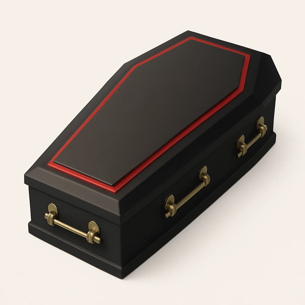 3D black and red coffin, realistic shading, bold look emoji