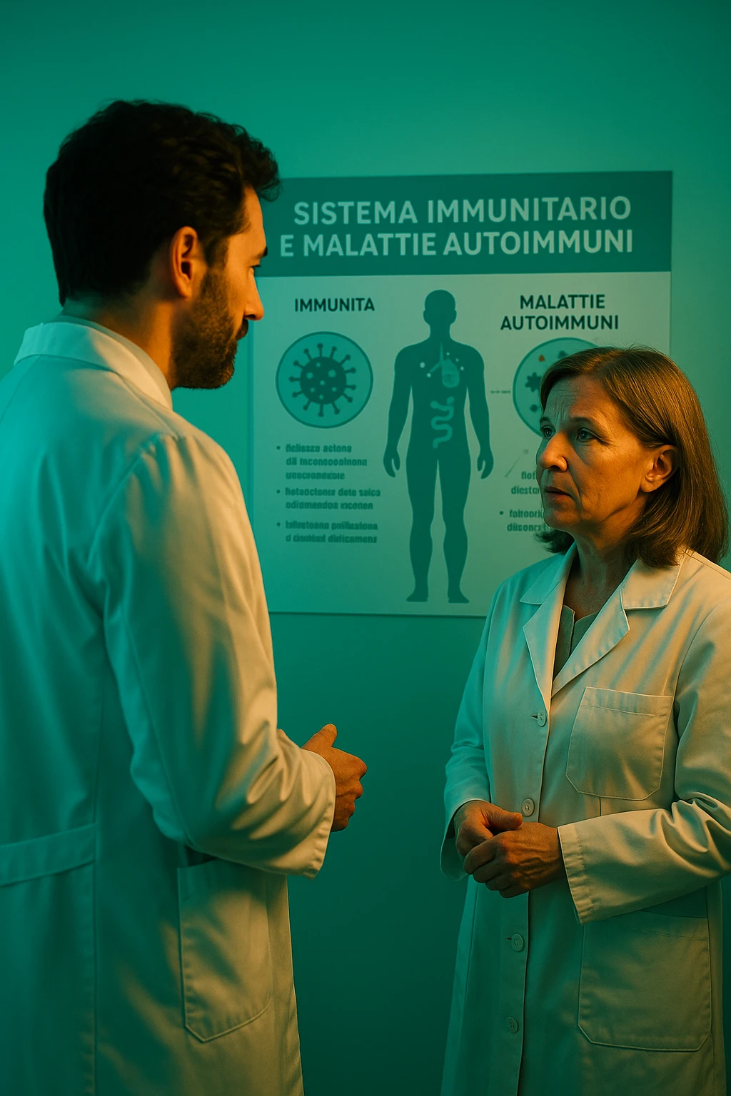 Realistic, detailed photo taken from behind of one doctor e un paziente —a bearded man and a middle-aged woman—standing and facing each other as they discuss an autoimmune disease diagnosis in front of a medical chart that displays information about the immune system and autoimmune conditions. The scene is illuminated by a yellowish, orange, warm light that softly envelops the doctors. The entire room is bathed in a single green-blue color, creating a cohesive and modern atmosphere. Both doctors wear white coats, and their body language suggests a serious, professional conversation about the complexities of autoimmune diseases. Shot with a Canon EOS R5, with high detail and natural depth of field. in italiano emoji