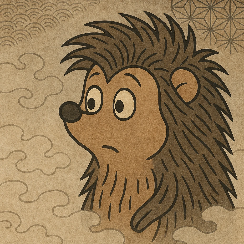 hedgehog in the fog from Soviet cartoon, close-up, thoughtful look, stylized as Soviet animation emoji