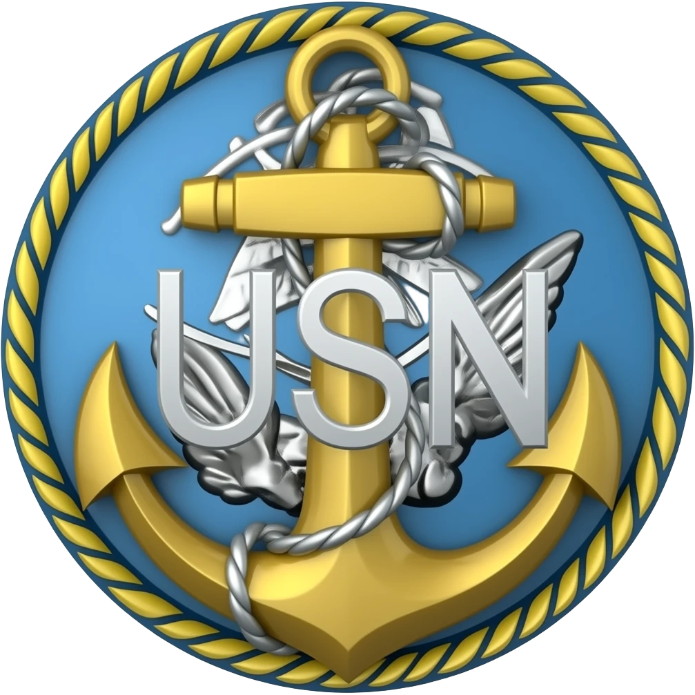 A gold fouled anchor, with a silver superimposed USN in the middle emoji