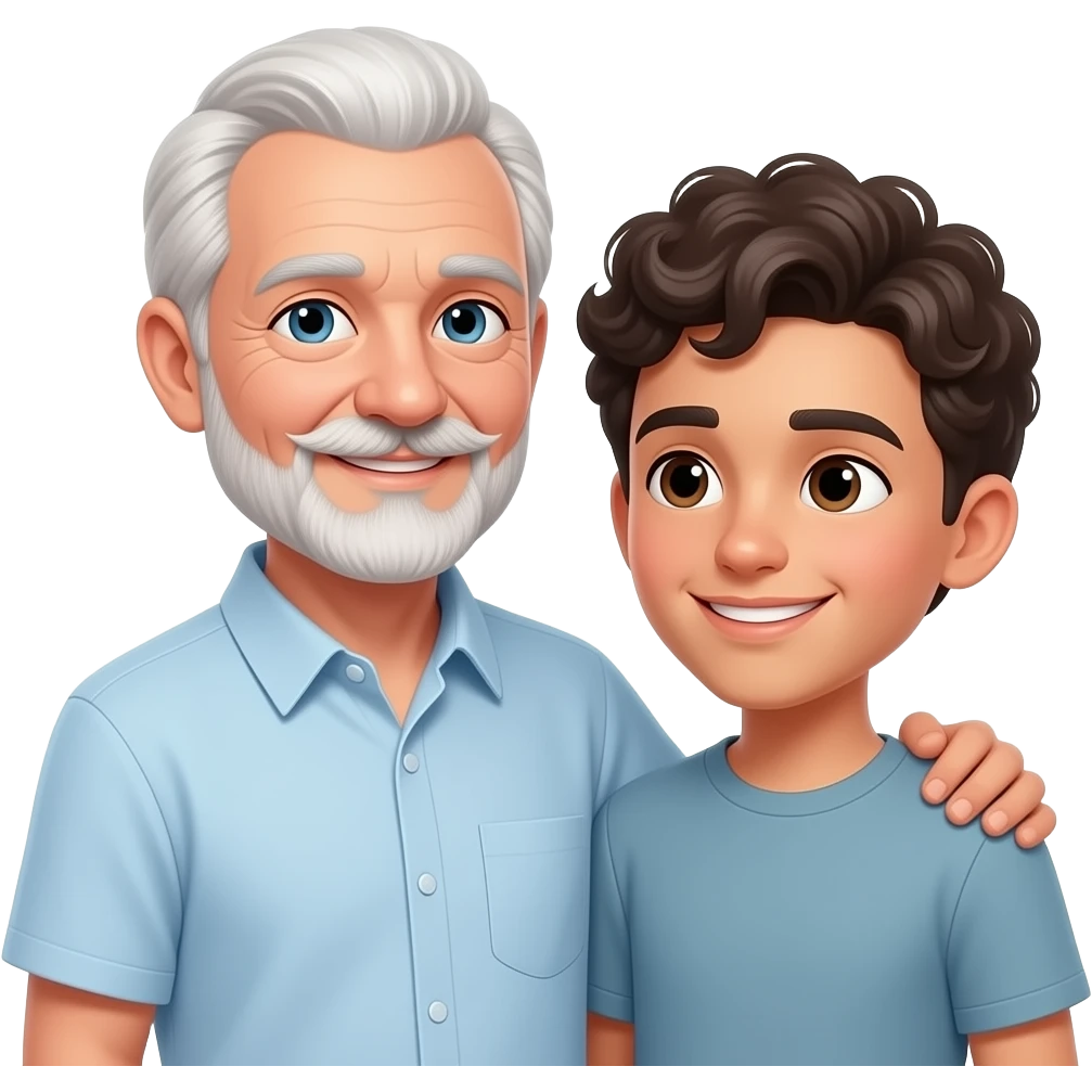 Love between an older man with short white hair and handlebar mustache and goatee with young man with fair completion and curly dark hair emoji
