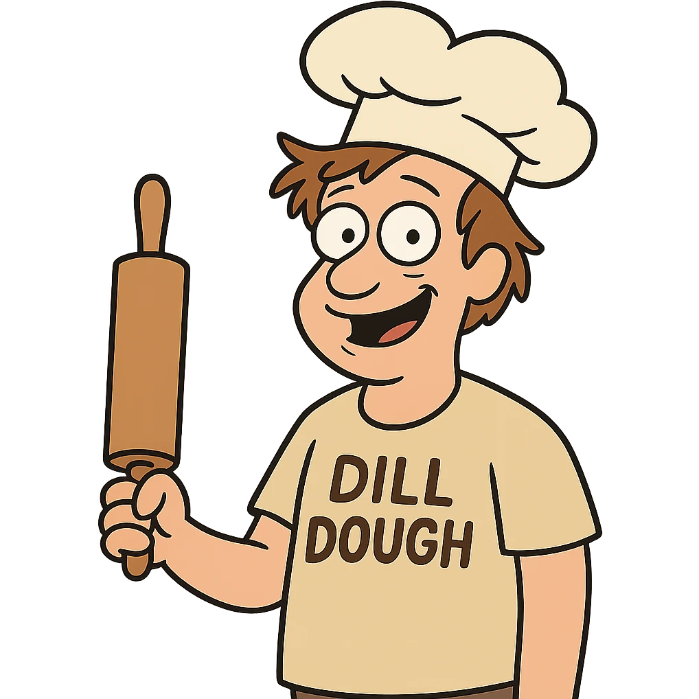 A cartoon guy named Dill Dough wearing a baker's hat, holding a rolling pin, friendly expression, light brown hair, whimsical and humorous. emoji