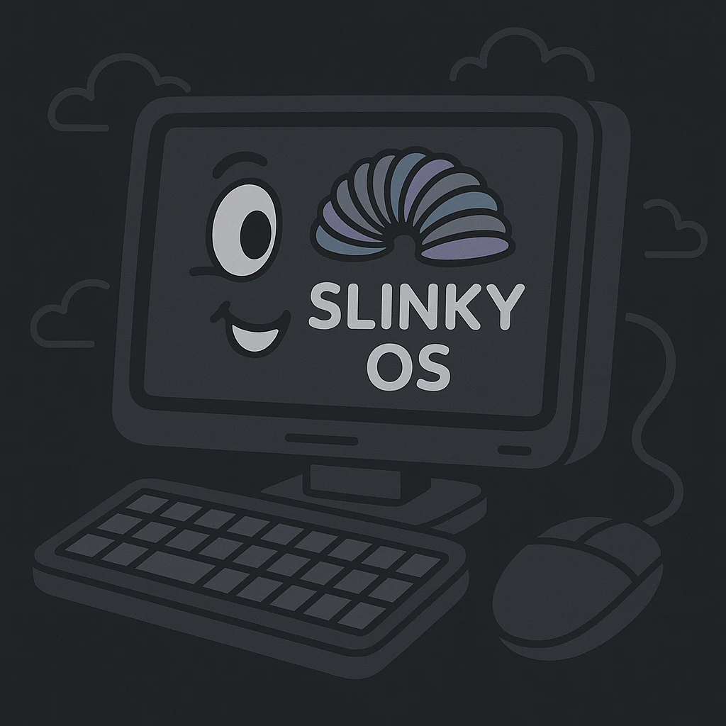 Show the Slinky Operating System interface in dark mode, maintaining a playful and imaginative style with vibrant and fun elements. emoji