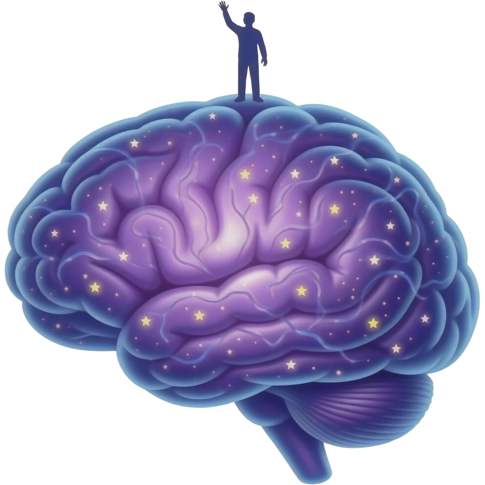 OS-style emoji: purple brain shaped like a mini galaxy, glowing neural connections, tiny stars inside, small human silhouette standing on top or reaching toward it, futuristic and cute, transparent background emoji