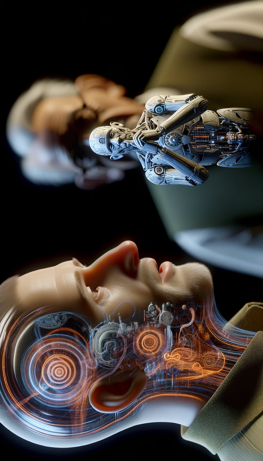 corpo umano anatomico che parla ma sopra di lui c'è il muto, un altra persona lo ascolta, immagine iperrealistica 4k emoji