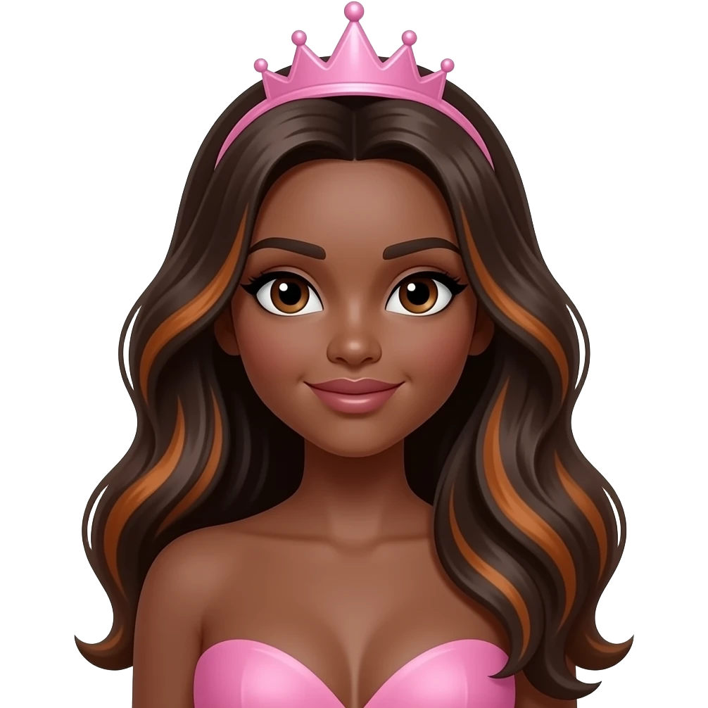 hair with pink tiara, Dark brown eyebrows,Dark brown skin, Doll shaped face, doll eyes, wavy with side part longer straightened auburn  hair with dark brown highlights, big breast no bra emoji