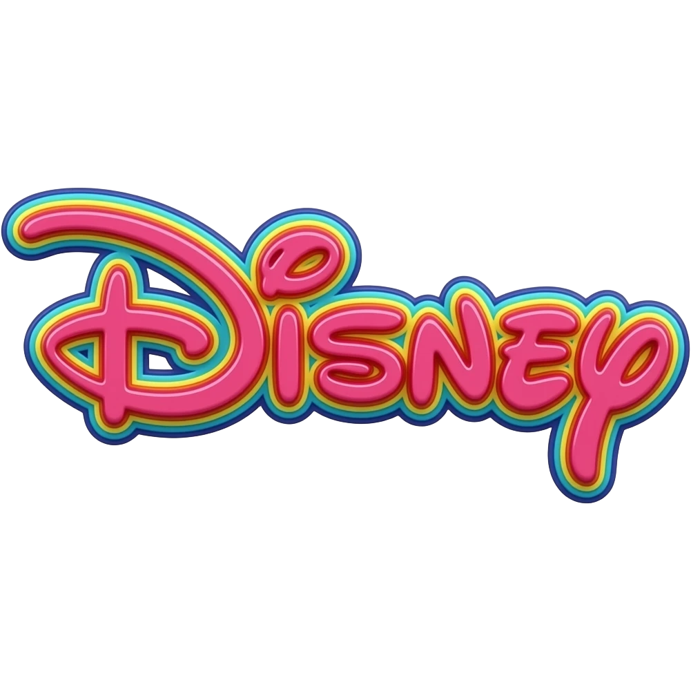 name "disney" in neon hot pink 3D style typography lettering, each color of the rainbow as a border outlined around each letter, isolated, 3d rendering, no emoji icons no emoji faces and must have no human figures emoji