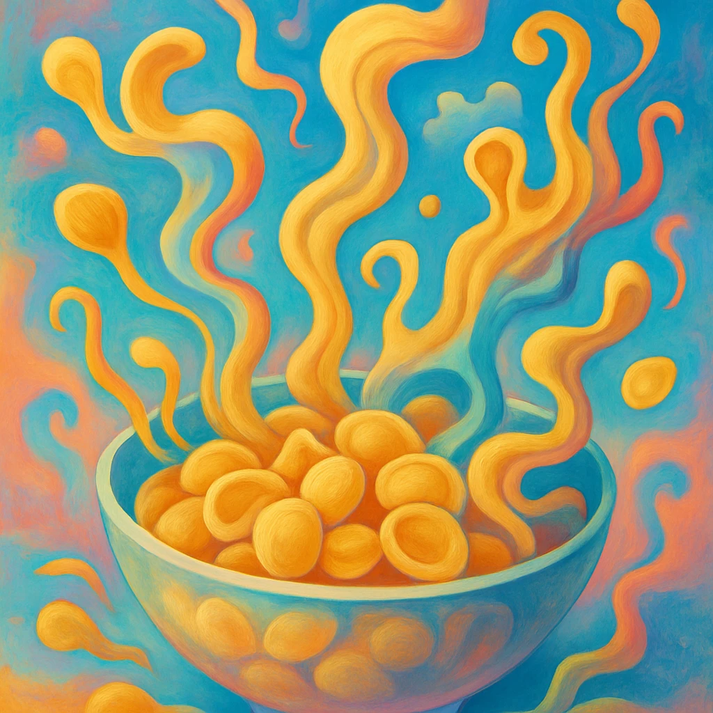 a surrealist interpretation of a bowl of orecchiette, with pasta morphing into abstract forms, playful and imaginative emoji