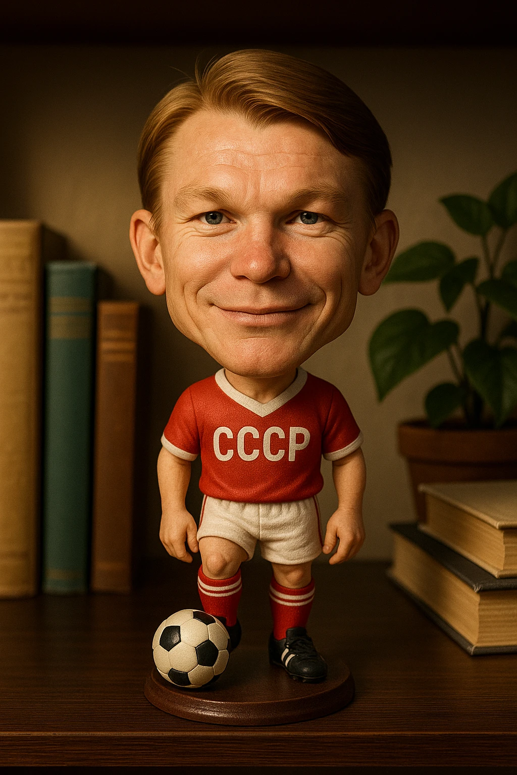 Молодой Олег Блохин в форме сборной СССР 1975 года смотрит на прямо на зрителя и слегка улыбается, освещение с левой верхней стороны кадра emoji