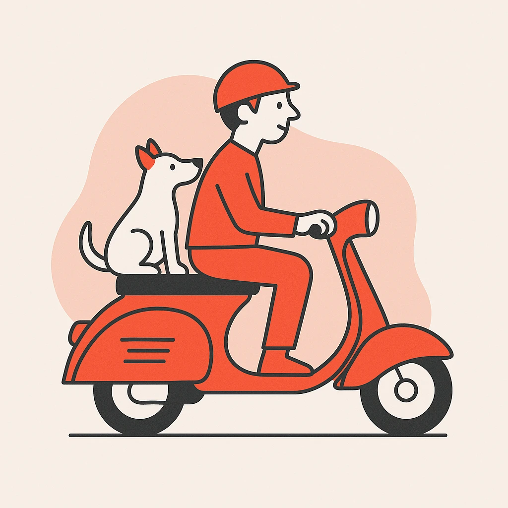 man and his pet dog riding a vespa emoji