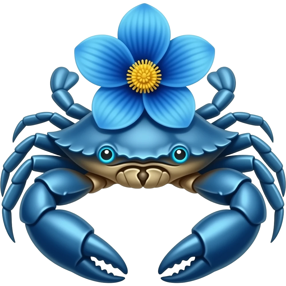 A blue crab with one blue flower a on its back with glowing blue eyes facing forward emoji