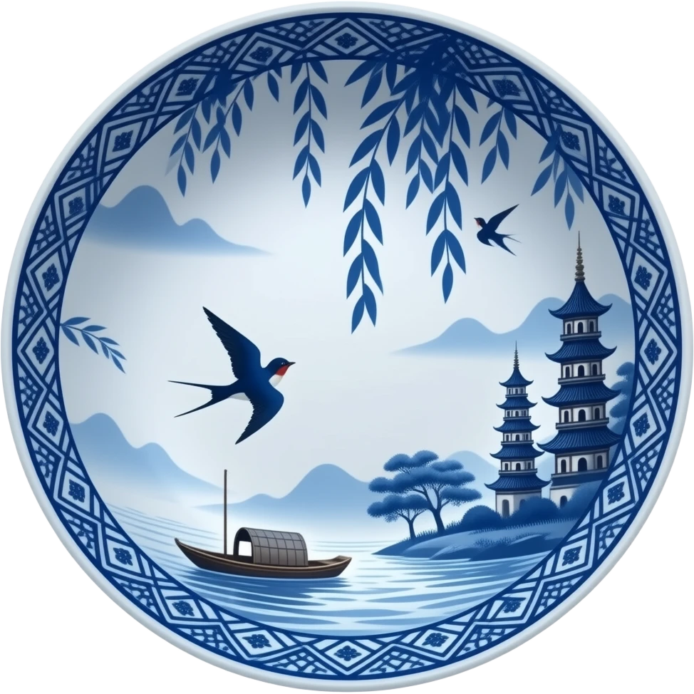 chinoiserie blue willow china pattern serving deep bowl with a boat, pagodas and two swallows emoji