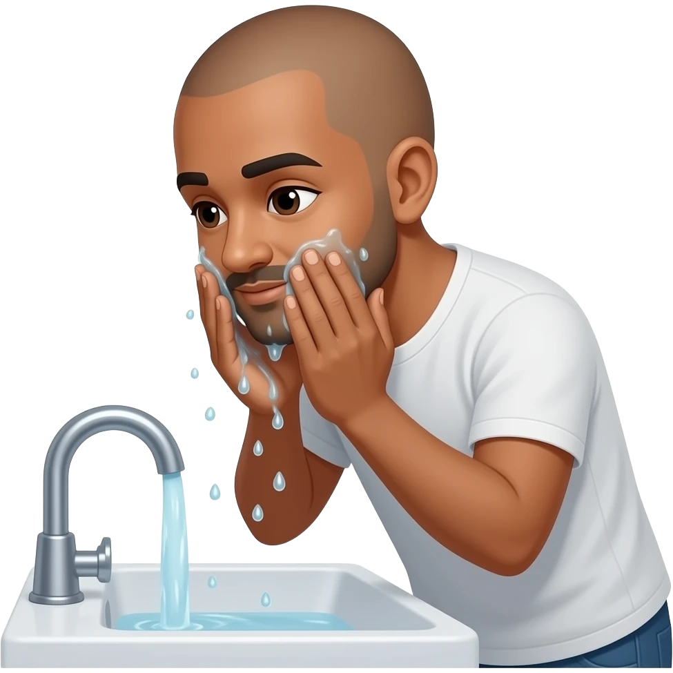 BALD INDIAN MAN DARKBROWN SKIN WASHING HIS FACE WITH WATER IN BATHROOM SINK emoji