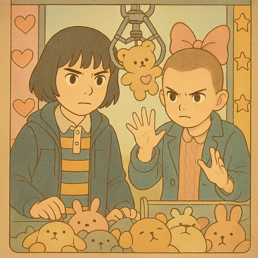 Mike and Eleven from Stranger Things inside a claw machine filled with plush toys, in delicate Ghibli style with thick dark outlines, colored in pastel tones as per the reference examples. Variation 4: Mike serious, Eleven focused using powers. emoji