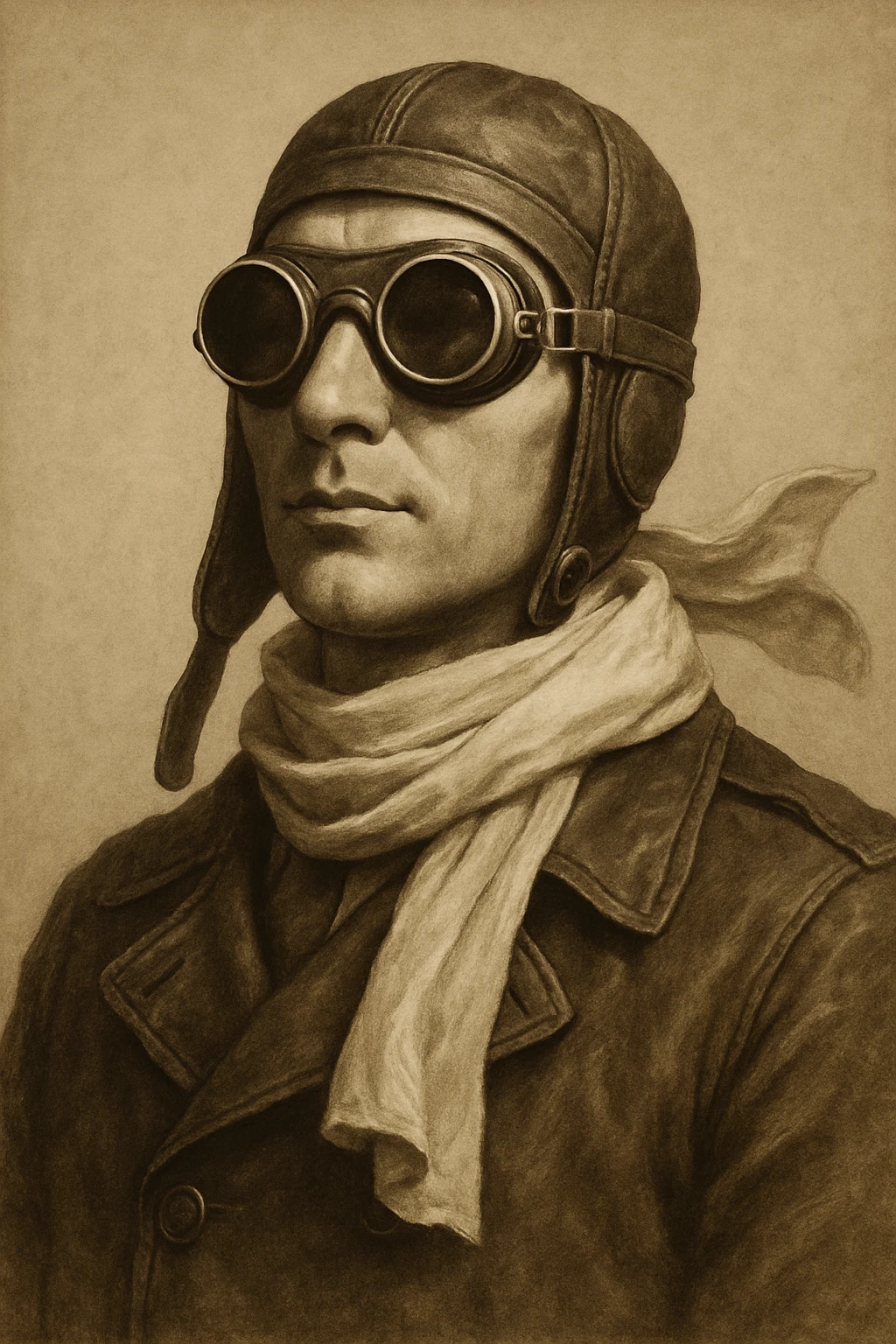 a pilot with classic aviator look, wearing goggles and scarf, neutral background emoji