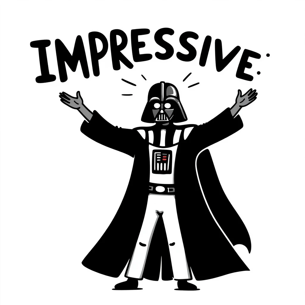 Darth Vader in a dramatic pose, hands up, saying IMPRESSIVE, bold, comic-inspired, large expressive text, in the style of Destiny 2 Shaxx 'impressive' emoji emoji