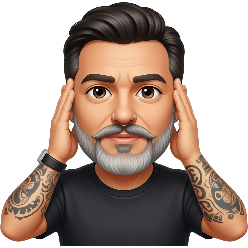 The handsome Latino podcast host with medium length hair, a long lightly graying beard and tattoos, his ear pierced and right nostril as well, covering his ears with both hand emoji
