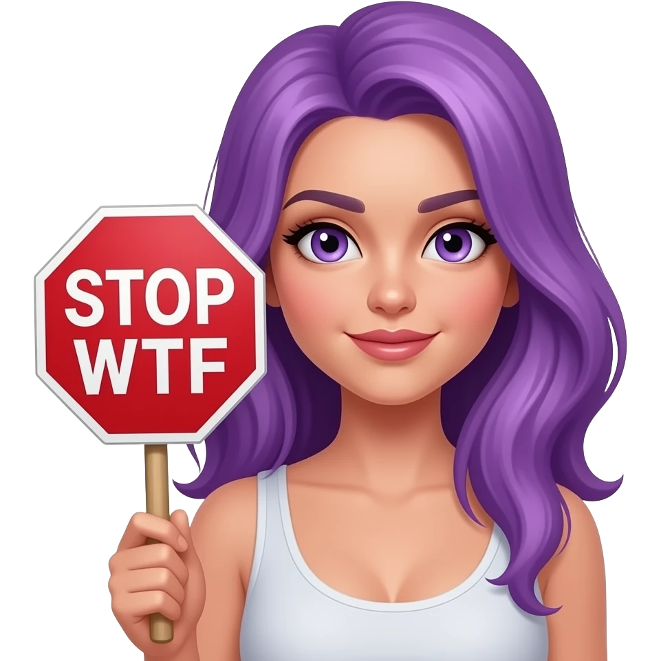 sexy girl with long purple hair and purple eyes holding a STOP WTF sign emoji