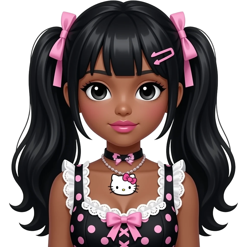 black girl, pink lips, my melody hairclip, dark brown skin, Doll faced shaped, hello kitty necklace, bimbo, black doll eyes, Big lips, long black hair, with white or black lace pink polka dots with gyaru sleeveless shirt, with hime gyaru bows, big breast emoji