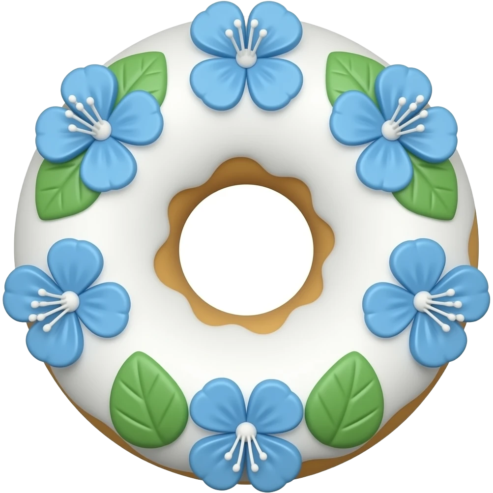 doughnut with white frosting decorated with blue flowers with long petals and a few green leaves emoji