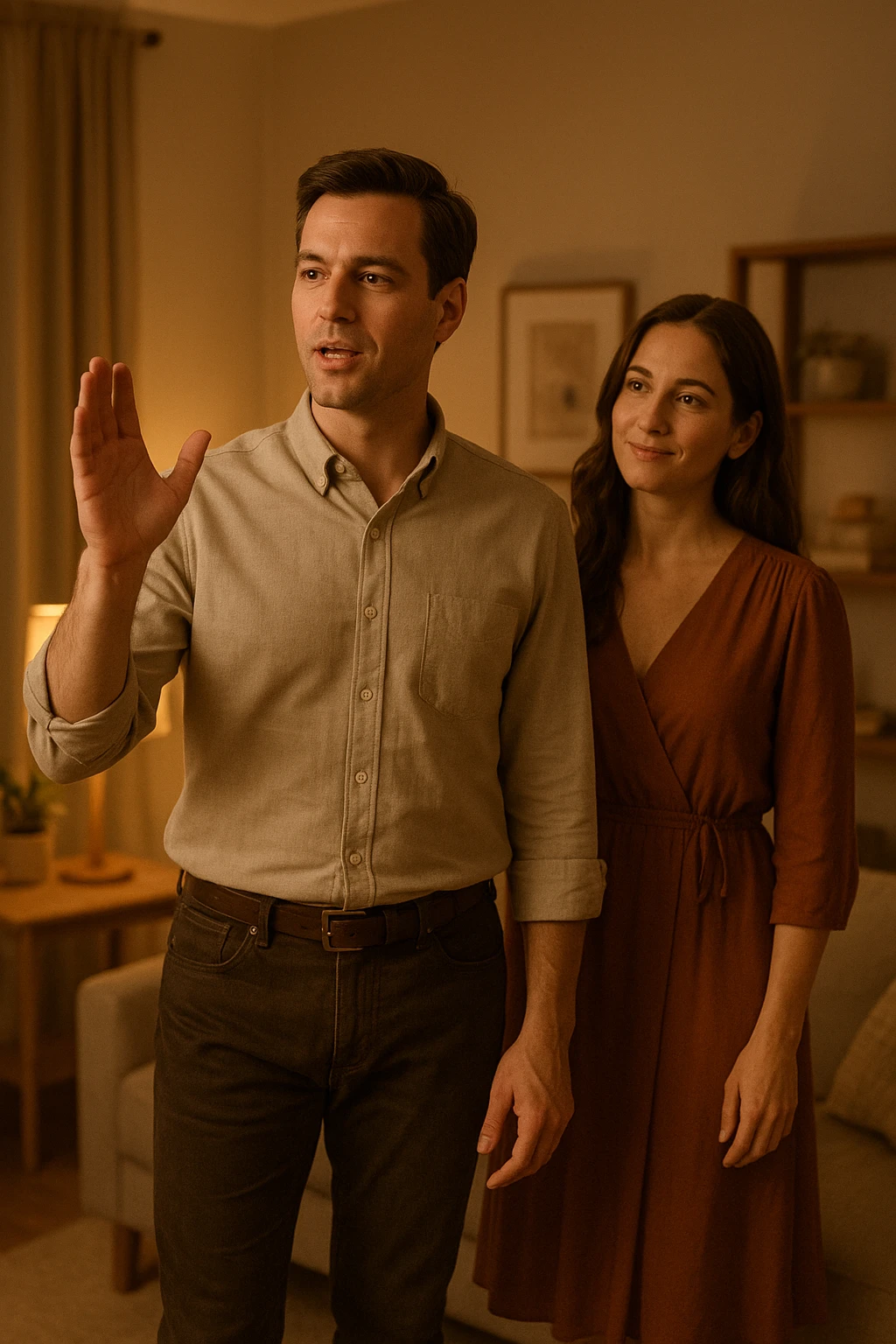 a woman stands slightly behind a man in a domestic setting, looking at him con fiducia e attesa. Il man is upright, with a confident and decisive posture, gently gesturing as if giving direction. The woman’s body language is relaxed and receptive, showing that she trusts and follows his lead. The background is warm and softly lit, emphasizing the couple’s dynamic. emoji