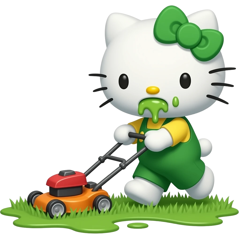 A green-and-white Hello Kitty is mowing the lawn with a lawnmower, and she's throwing up a lot while she does it—she's covered the ground in vomit emoji