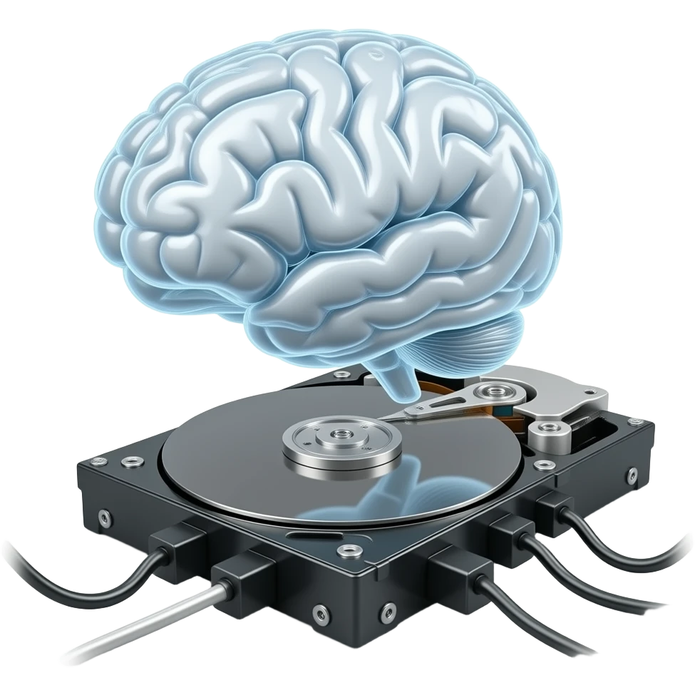 a transparent synthetic brain floats like alien attached to many cables and tubes on a hard drive emoji