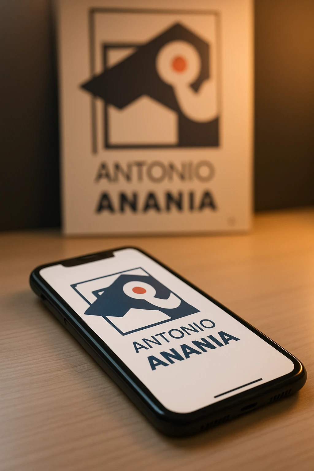 A photo of an iPhone on the desk with the logo of "Antonio Anania" on its screen, The phone sits atop a desk with a blurred with the logo in the background that suggests work environment. A faint glow from above casts gentle shadows across the surface of each object, creating depth and highlighting their textures emoji