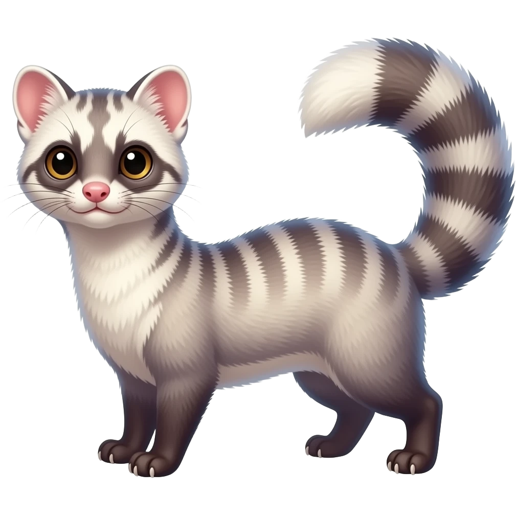 Whitish colorful iridescent genet-Fossa-civet-Feli-mustelid-creature-hybrid, full body emoji
