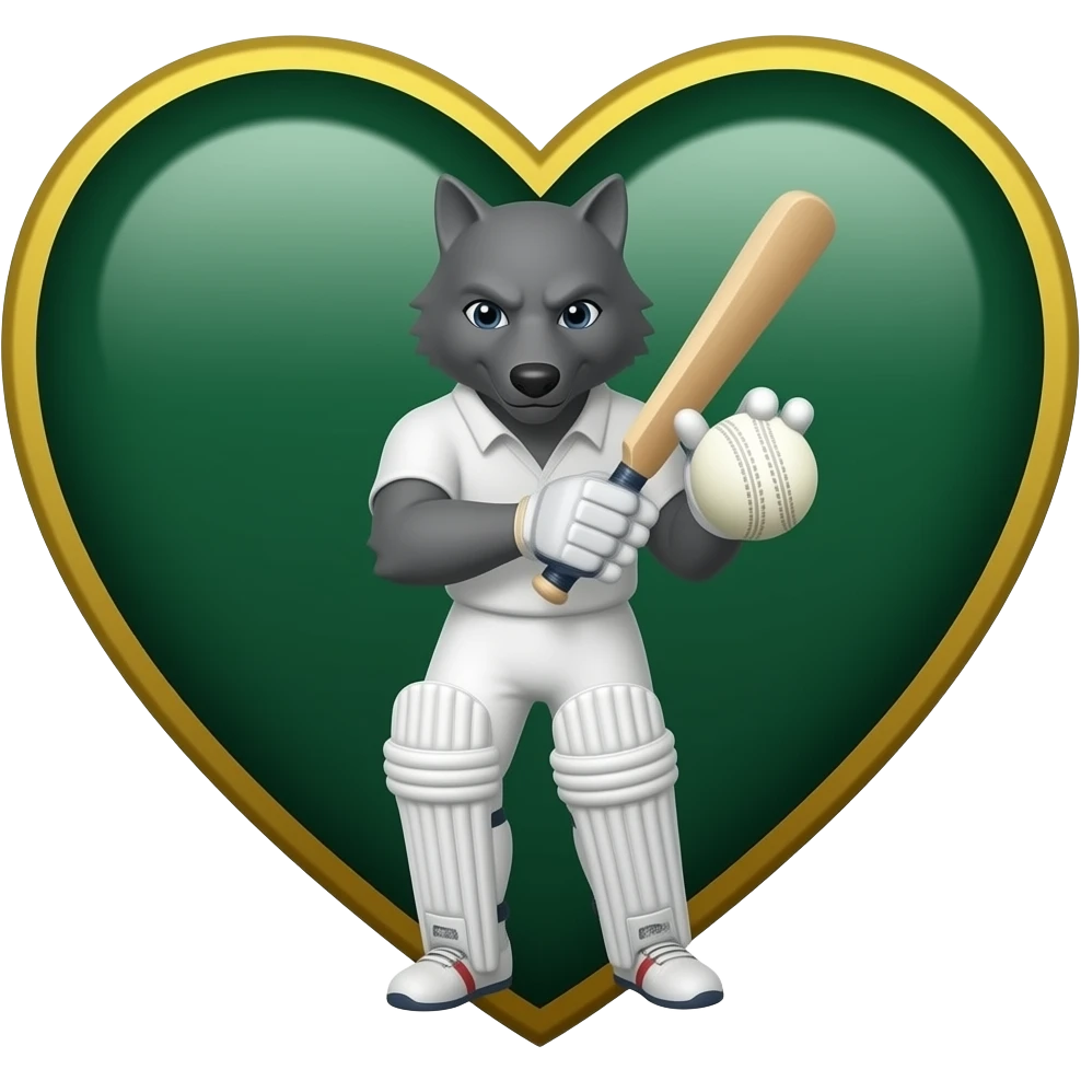 Dark Green  and gold heart with a dark grey wolf holding a cricket ball and bat emoji