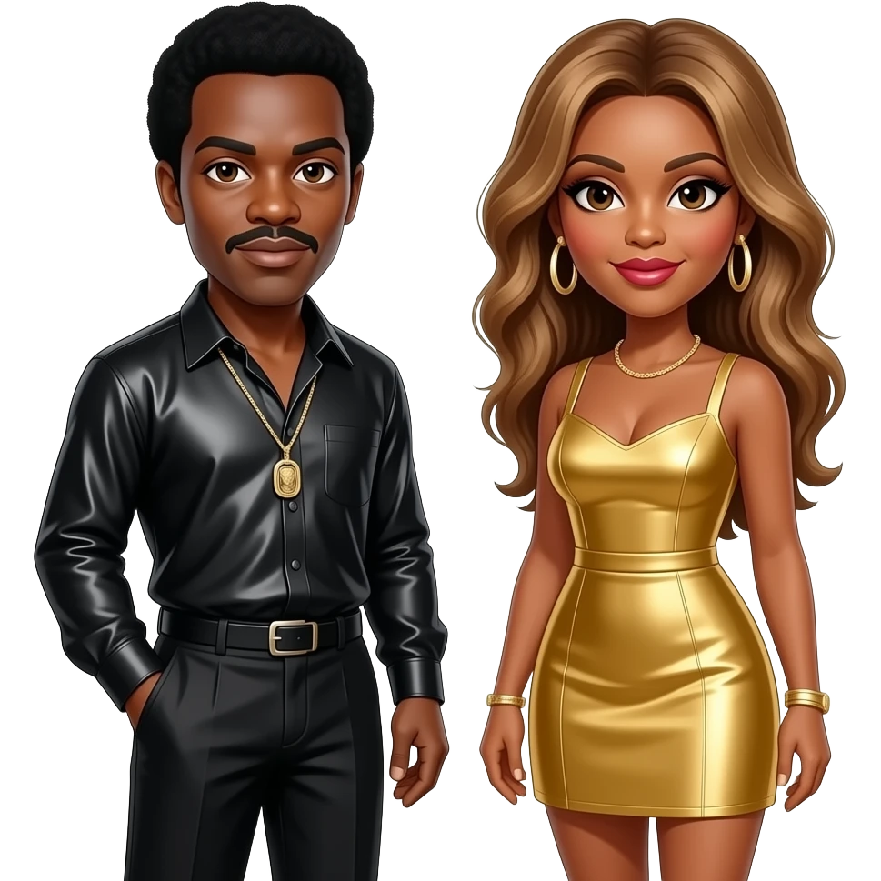 Ike Turner with dark skin, brown eyes, black hair, black metallic shirt and baggy pants, necklace, Tina Turner with long golden brown hair, gold short dress, gold earrings emoji