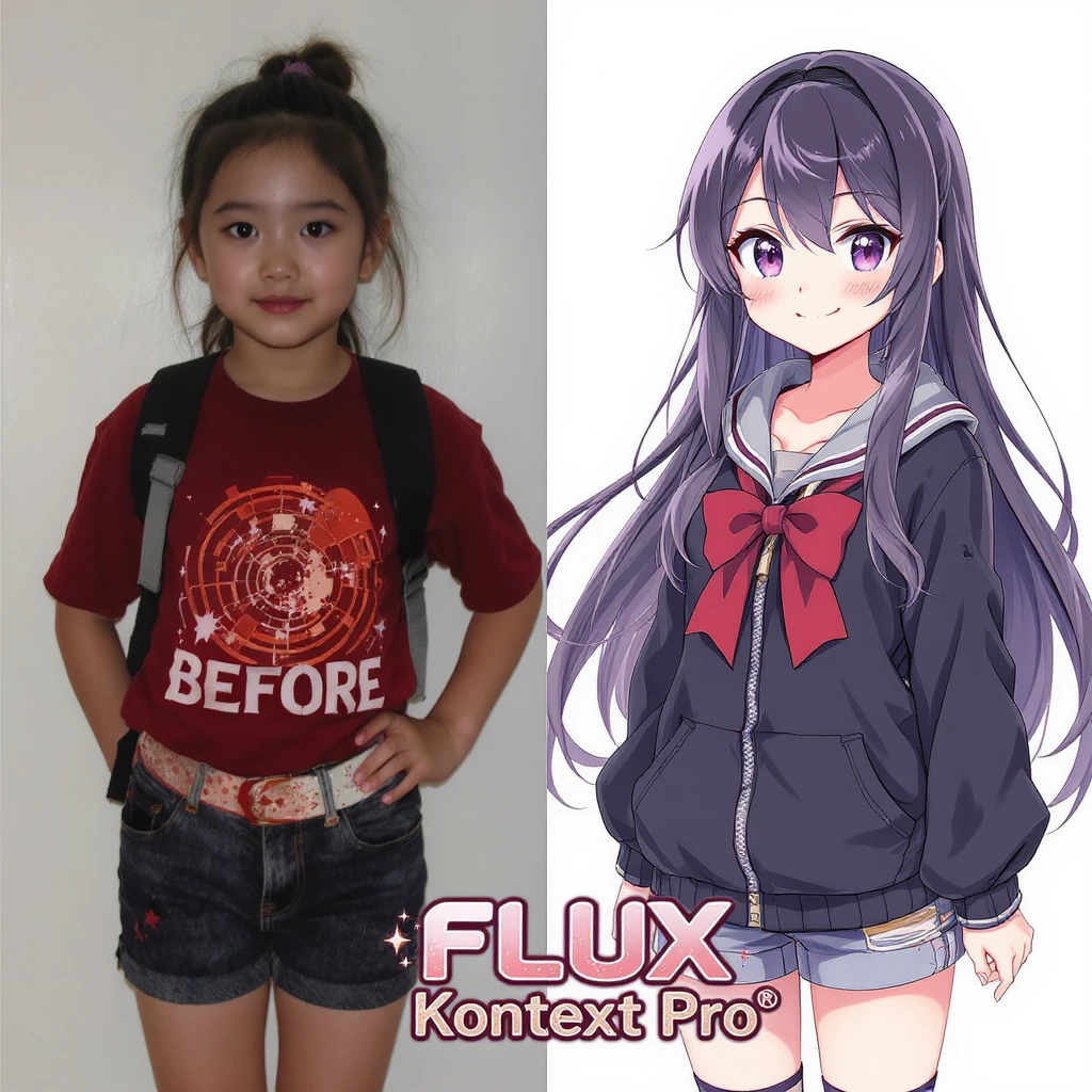 create before after image of a girl before is realsitic photo, after is anime version of her in same pose and clothes, add logo with text of a "FLUX Kontext Pro" emoji