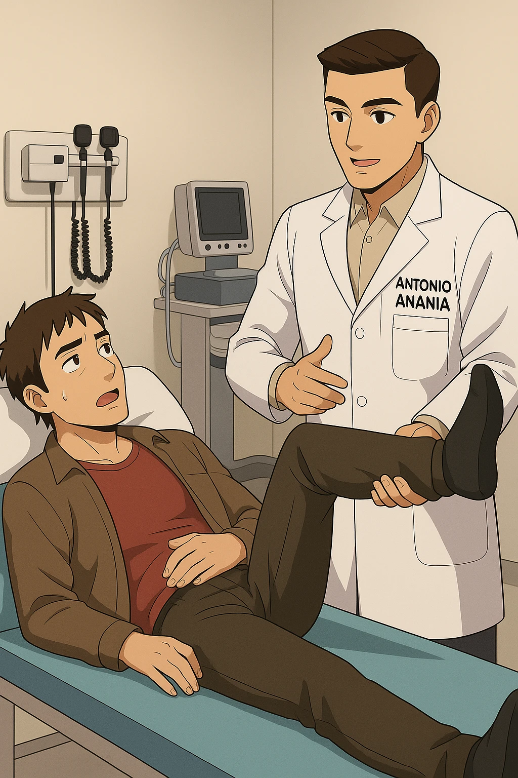 fai un webtoon manga a colori con questo stile, in cui un uomo è steso sul lettino medico e il kinesiologo con il camice bianco (fagli anche la scritta "ANTONIO ANANIA" SUL CAMICE, gli solleva una gamba per fargli il test neuromuscolare, IL KINESIOLOGO SPIEGA ALL'UOMO UNA cosa mentre gli alza la gamba. non fare i fumetti però, fai solo in modo che sembri stiano parlando emoji