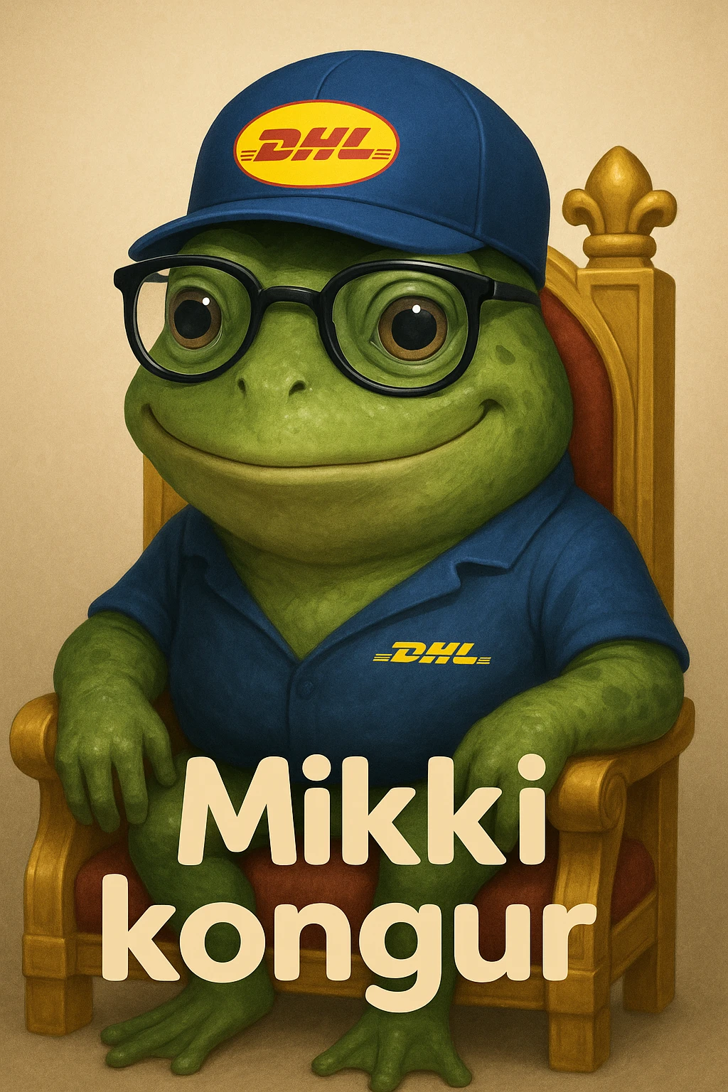 Generate a realistic and friendly DHL Express frog mascot like the reference image of a green frog with glasses and a DHL hat, sitting on a throne. Include the text 'Mikki kongur' in a rounded font. Maintain a realistic and friendly style. emoji