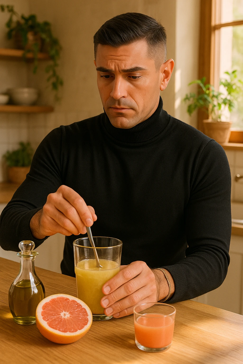 A realistic, warm-toned photo-style image of a man in his kitchen preparing a liver and gallbladder flush. On the counter, there is a small glass bottle of high-quality extra virgin olive oil with a rich green hue, and a freshly cut pink grapefruit with a small glass of its juice next to it. The man, in his mid-30s, looks focused and slightly apprehensive as he mixes the olive oil and grapefruit juice in a clear glass, preparing to drink it as part of a natural gallbladder cleanse. The background is clean, bright, and minimalist with wooden countertops, green plants, and sunlight coming through the window, giving a sense of natural health practices. The mood conveys a realistic moment of alternative health care, illustrating the preparation and intention for a natural flush to address gallstones, while maintaining a calm, educational, and hopeful tone in italiano emoji