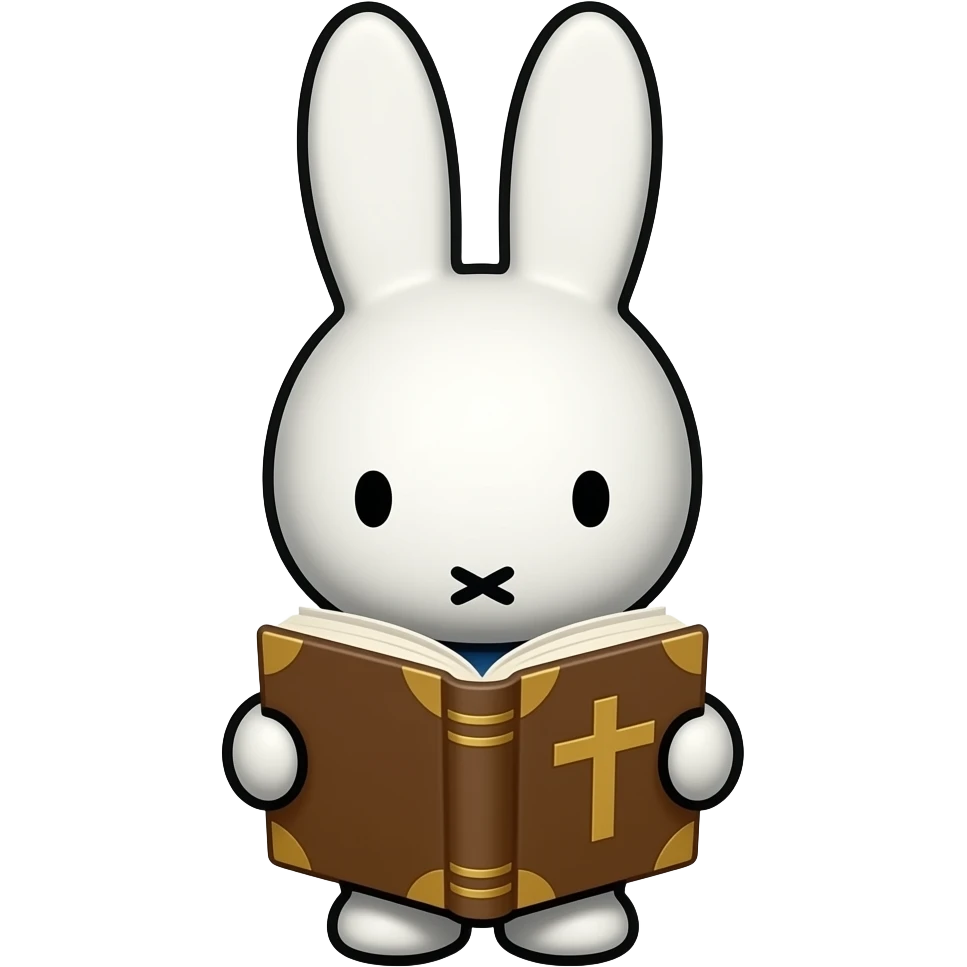 Miffy reading the Bible  , no black outline, Bible , no text on the cover just a cross emoji