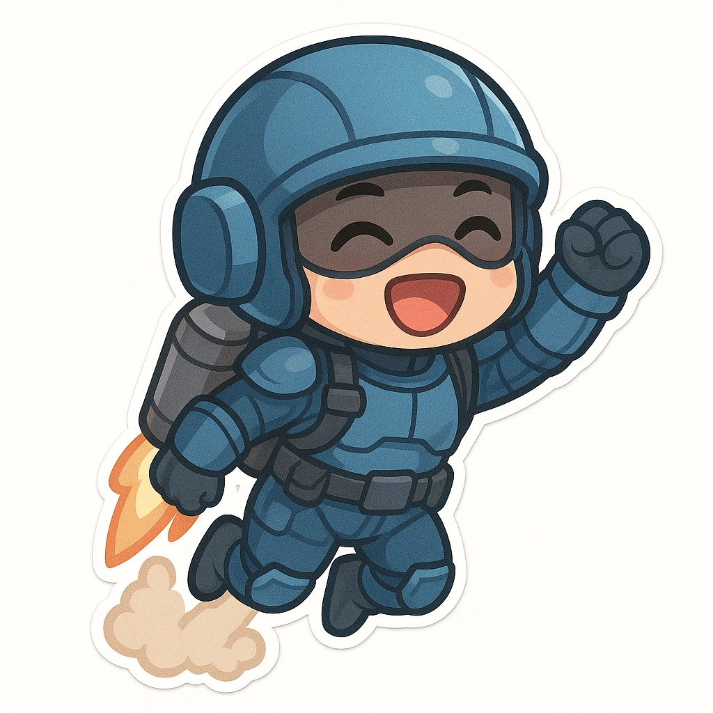 chibi sticker of a sci-fi soldier in a mostly blue uniform, jumping with a jetpack, excited expression, white background emoji
