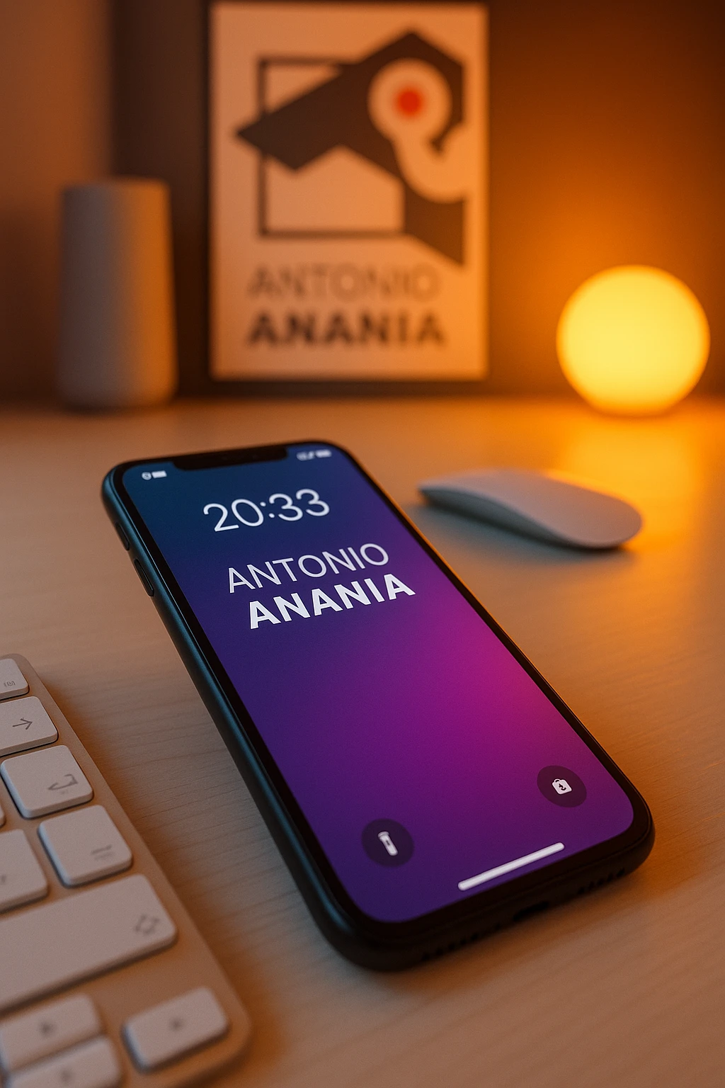 A photo of an iPhone on the desk with the message "Antonio Anania" on its screen, The phone sits atop a desk with a blurred background that suggests work environment. A faint glow from above casts gentle shadows across the surface of each object, creating depth and highlighting their textures emoji