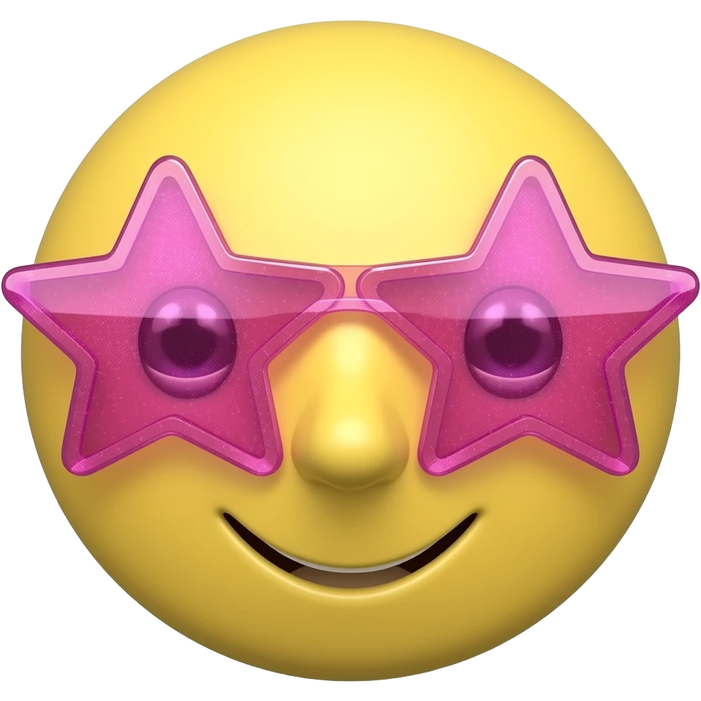 smiley face emoji with see through sunglasses star shaped and bright pink sparkley thin lips yellow circle emoji face emoji