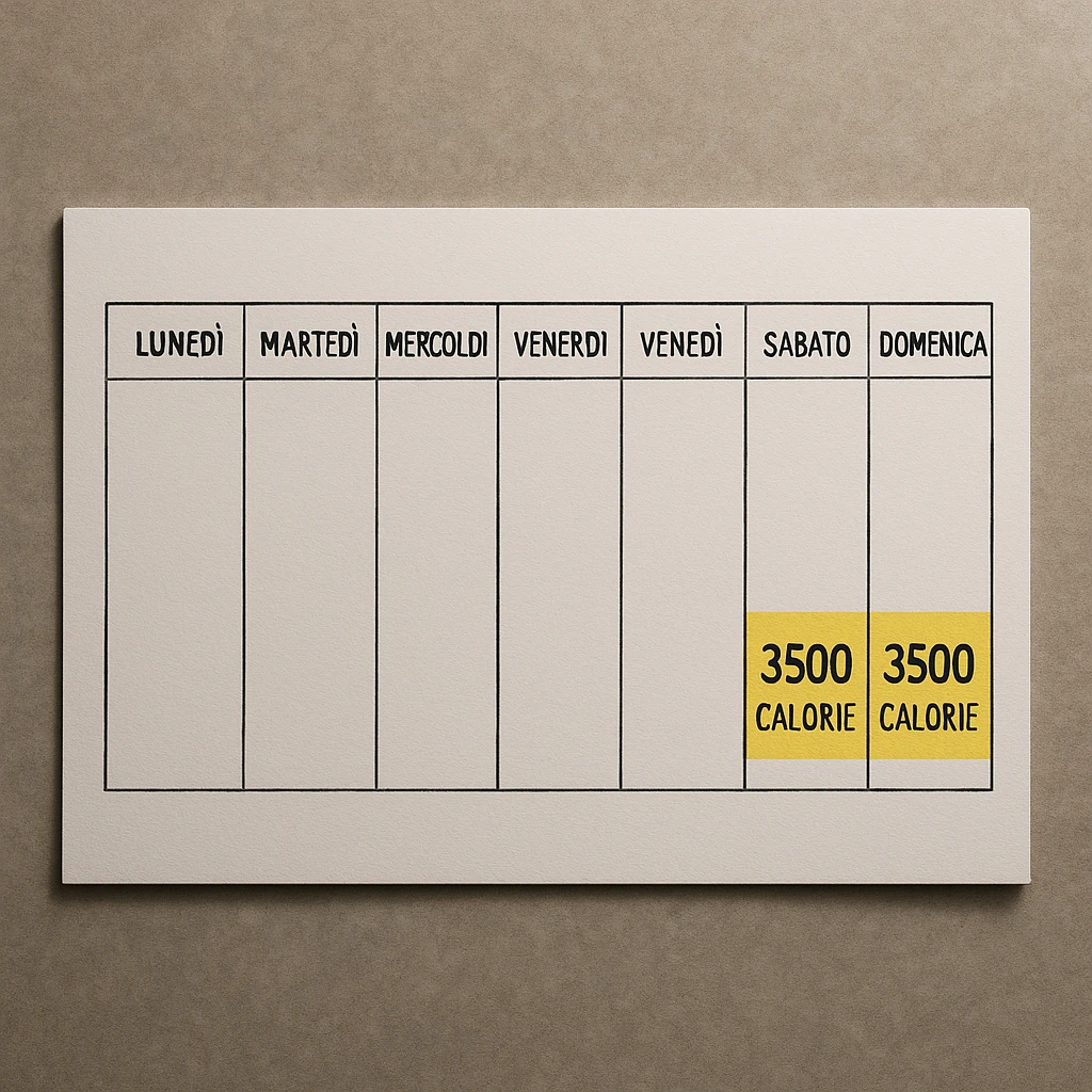 Hyperrealistic top-down view of a weekly calendar in Italian, showing days from Monday to Sunday. Only Saturday and Sunday have the text '3500 calorie' highlighted with a yellow background below, with no red circle on Friday. 4K details, desk atmosphere. emoji