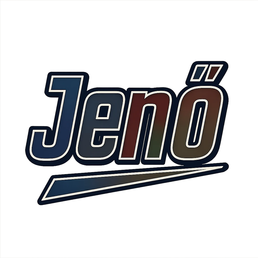 Text image of the name 'Jenő' in a masculine, modern, gradient font with precise Hungarian characters, dark contour, prominent and clearly visible white border as in sample images, dynamic slanted underline, masculine color shades including blue, gray, burgundy, green, and brown, 1000x1000 px, PNG, transparent background. emoji