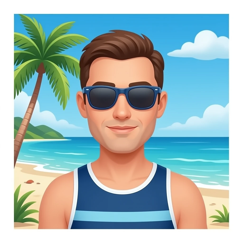 Erstelle ein Bild von einem karibischen Strand wo sich ein Mann in speedo und Sonnenbrille sonnt emoji